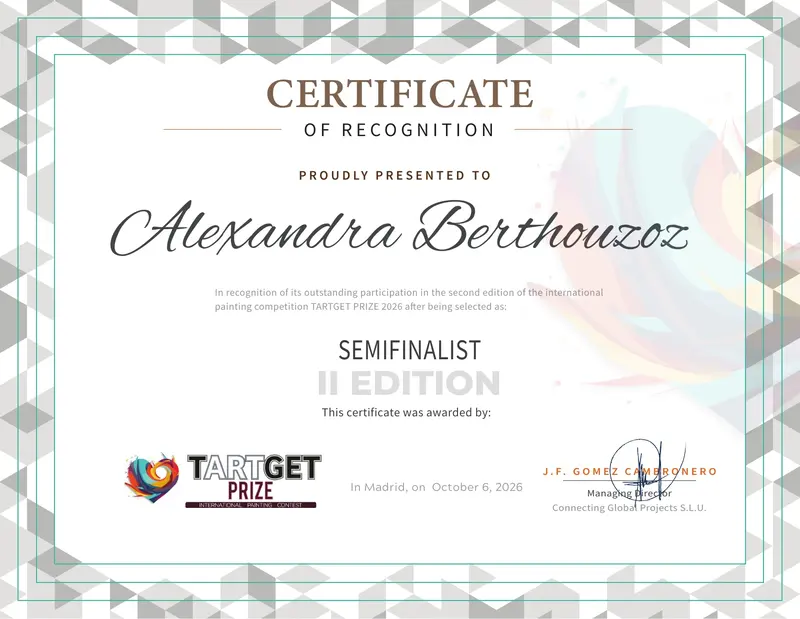 Certificat TARTGET PRIZE 2026 attribué à Alexandra Berthouzoz comme semi-finaliste de la deuxième édition.