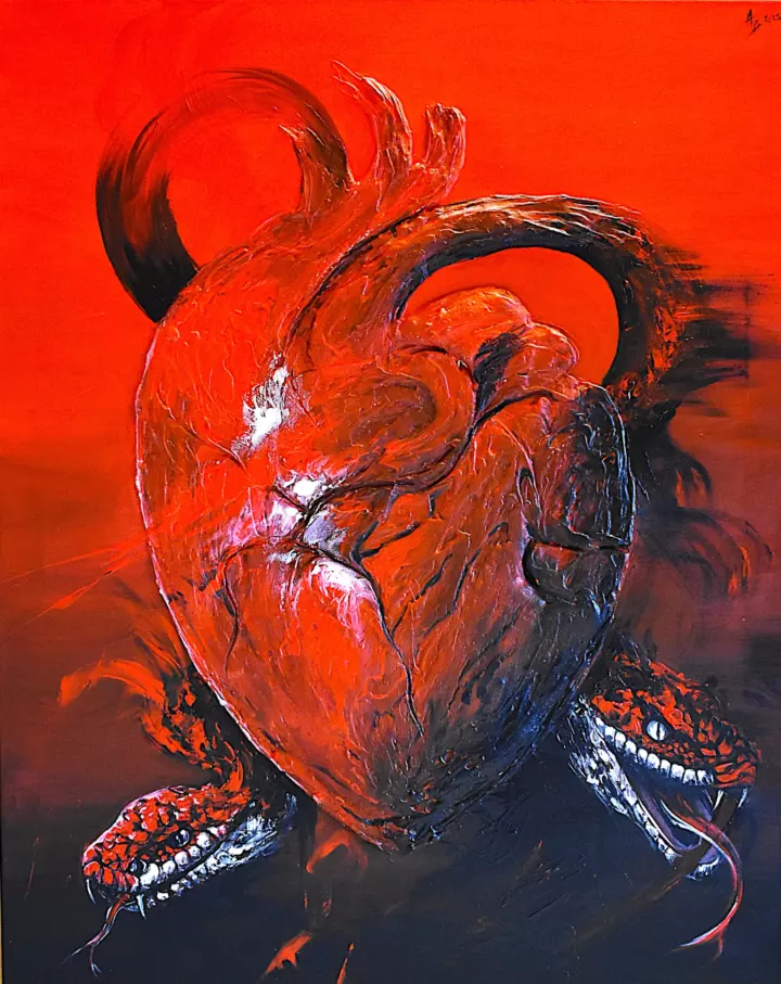 Cœur en Mutation : un cœur sombre en relief sur un fond rouge intense.
