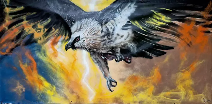L’Orage des Cimes — fresque de gypaète en vol d’Alexandra Berthouzoz.