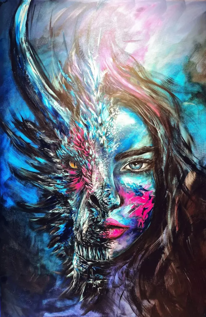 La Gardienne des Mondes : un visage féminin et un dragon réunis dans une composition bleue, rose et noire.
